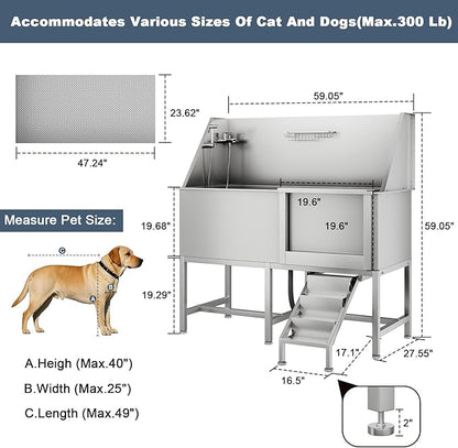 62" Professional Stainless Steel Dog Bathing Station, Large Dog Washing Station W/Dog Bath Brush, Washing Gloves, Floor Grate, Dog and Cat Bath Tub, Dog Washing Sink (62 Inch Left Door)