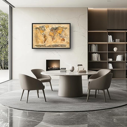 Extra Large World Map Framed Wall Art for Living Room,Oversized Vintage Map of The World Pictures Wall Decor,Canvas Print Painting Modern Artwork Bedroom Office Bathroom 36L" x 24W"