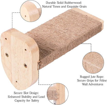 3pcs Cat Wall Steps, Climbing Mounted Furniture, Shelves With Hemp Rope Covered, Solid Wood Ladder for Playing and Climbing (Large-Wood)