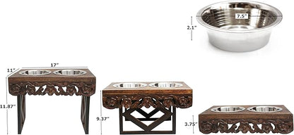 Elevated Pet Feeder for Dogs and Cats - The Bali Carved Wood Pet Feeding Stand with Two Stainless Steel Bowls - Three Heights Adjustable Raised Dog Bowl - Food Water Pet Feeding Station - IRONGATE