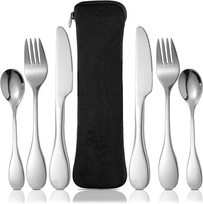 7 Pieces Bariatric Eating Portion Control Flatware Bariatric Management Silverware Serving Spoons Forks Knives Stainless Steel Weight Loss Utensils with Fabric Storage Bag