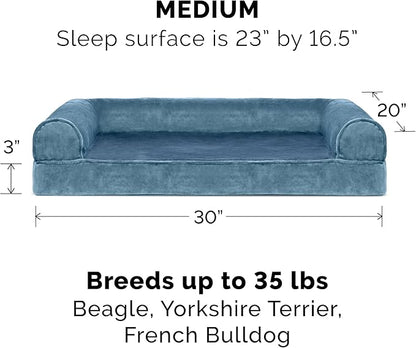 Furhaven Cooling Gel Dog Bed for Medium/Small Dogs w/ Removable Bolsters & Washable Cover, For Dogs Up to 35 lbs - Faux Fur & Velvet Sofa - Harbor Blue, Medium
