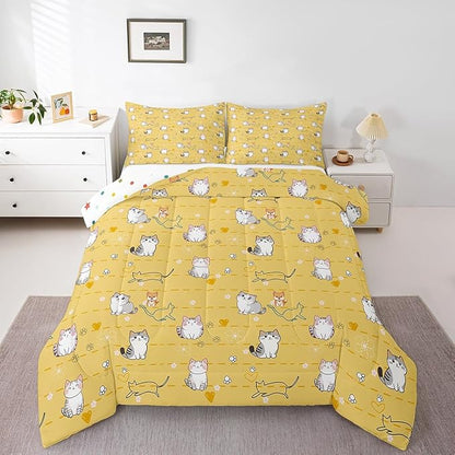 Erosebridal Cartoon Kawaii Bedding Set King Kids Cat Comforter Set, Cute Animal Down Comforter Pet Theme Bed Set, Dog Kitten Quilted Duvet Teal Love Heart Print Pet Lovers Gifts Lightweight Cozy 3pcs