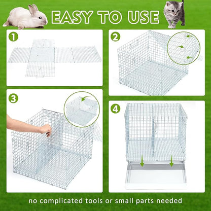 Folding Rabbit Cage, 18 x 18 x 14 in Portable Bunny Carrier with Tray and Handles for Transport, Trave or Temporary Housing, Indoor Outdoor Pet Habitat Animal Enclosure