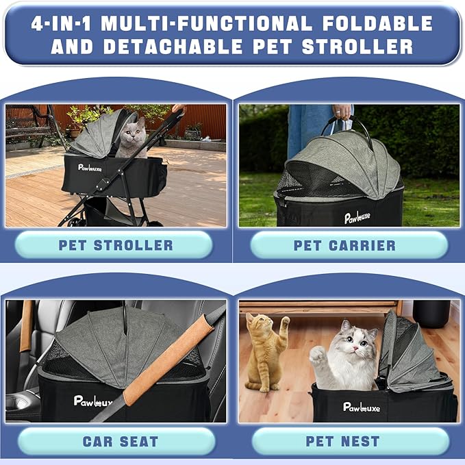 4 Wheels Pet Stroller 4 in 1 Pet Stroller with Detachable Carrier for Small & Medium Dogs Cats up to 55 lbs Easy-Folding Travel Dog Wagon with Car Seat Breathable Mesh,Gray
