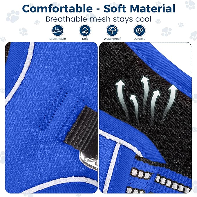 Funfox Dog Harness No Pull, Adjustable Pet Vest Harness, Super Soft Material with Vertical Handle Easy Control, Reflective Night Walking, 2 Leash Clips for XLarge Dogs, Blue, XL