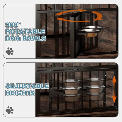 86.6Inch Large Double Dog Crate Furniture,Heavy Duty Metal Frame Dog Crate Kennel with Adjustable Feeder Bowls and Removable Divider&Drawers,Chew-Resistant Dog Kennel for 2 Dogs Indoor