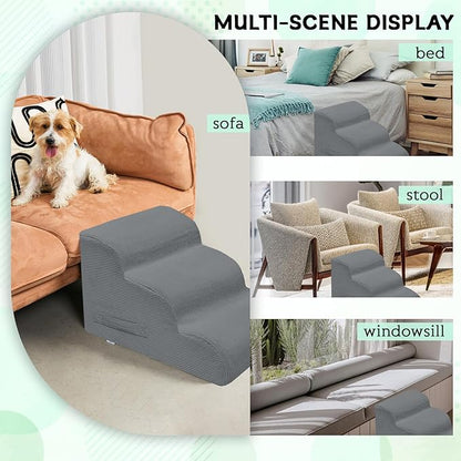 Dog Stairs & Steps for High Beds, 3 Steps High Density Foam Waterproof Dog Ramp for Small Dogs and Cats, Pet Stairs with Removable Washable Cover for Bed, Couch, Sofa and Car (H:16")