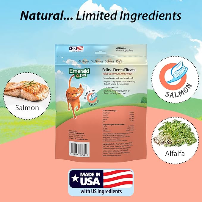 Feline Dental Treats — Tasty and Crunchy Cat Dental Treats Grain Free — Natural Dental Treats to Clean Cat Teeth, Freshen Breath, Reduce Plaque and Tartar Buildup — Salmon Treats, 32 oz (32 oz)