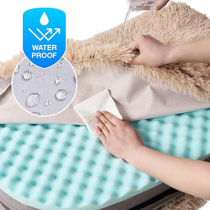 EHEYCIGA Foldable XL Dog Bed, Faux Fur Fluffy Pet Couch Bed for Large Dogs, Orthopedic Calming Memory Foam Big Pet Bed, Washable Soft Pet Sofa Bed with Non-Slip Bottom, Camel, 46"x34"x6.5"