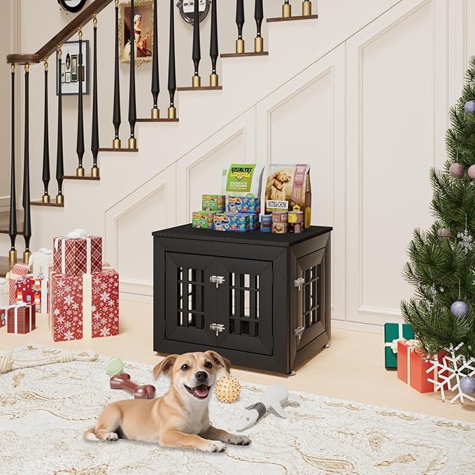 26" Heavy Duty Dog Crate Furniture for Small,Medium and Large Dogs,Rustic Wooden Dog Cage Kennel Indoor Furniture with Waterproof Top,Decorative Pet House Side End Table (Black)