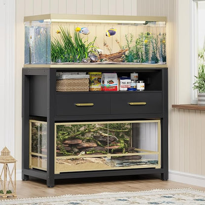 40-50 Gallon Fish Tank Stand with Power Outlet & 2 Storage Drawers, Heavy Duty Metal Frame Aquarium Stand with Waterproof Mat, 36.6" L*19.1" W Tabletop, 800LBS Capacity, Black