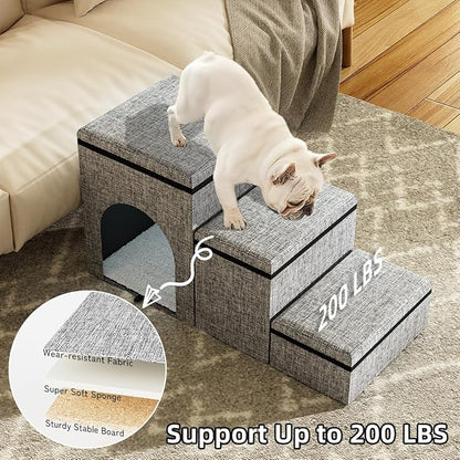 Dog Stairs with Storage, 3-Step Wider Dog Steps with Condo for Dogs and Cats, Pet Stairs for High Bed Climbing, Grey