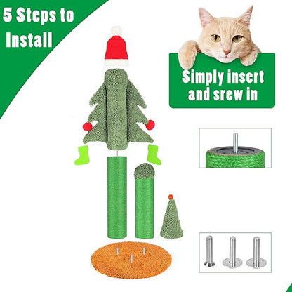 32” Cat Scratching Post, Tall Christmas Tree Cat Scratcher with 3 Posts and Cute Dangling Teaser Balls, Natural Sisal Rope Cat Toys for Kitty and Adult Cats