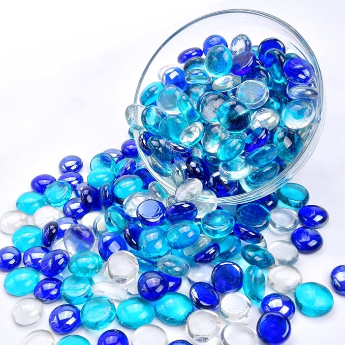 1LB Blue Mix Flat Glass Marbles for Vases, Mancala Stones Gemstone Beads Vase Filler Decorative Glass Pebbles for Fish Tank, DIY Crafts, Aquarium Decor Rocks