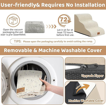 Dog Ramp and Stair for Bed 16" H-20 H,3-Step Cat Stair for Sofa and Chair,4-Step Dog Ramp for High Bed and Window,Durable Nonslip Fabric Cover for Indoor (Beige-16 H, Pet Friendly, 3)