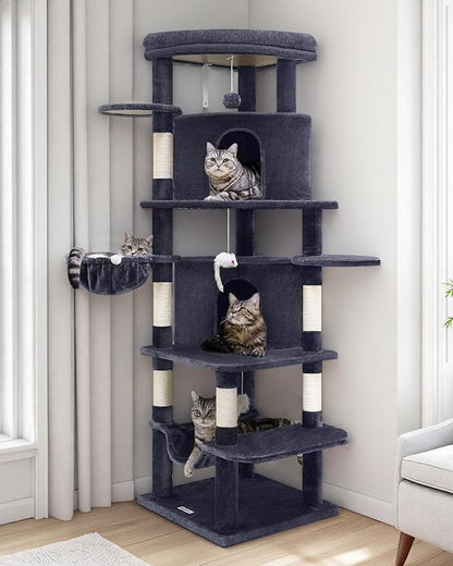 Globlazer Corner Cat Tree for Large Cats, 66inch Tall Curved Series Large Cat Tower for Multiple Indoor Cats with 6 Scratching Posts, 2 Spacious Cat Condos, Hammock, Hanging Basket, C66, Dark Grey