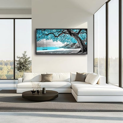 Extra Large Framed Abstract Tree Wall Art,Black and White Tree of Life Wall Decor,Blue Teal Sea Pictures for Living Room,Canvas Print Painting Modern Artwork Bedroom Office Bathroom 60L x 30W