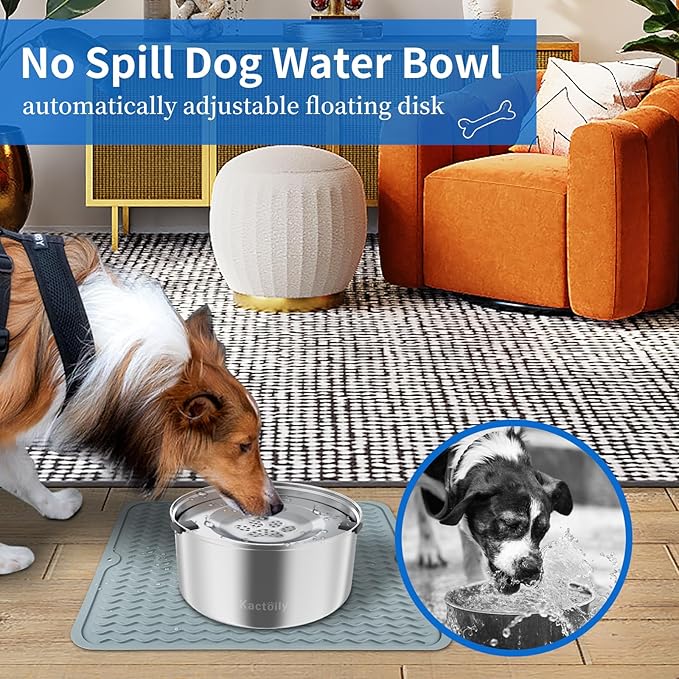 3L Large Capacity Stinless Steel Dog Water Bowl and Waterproof Silicone Dog Food Tray, Slow Down Drinking Pet Water Bowl