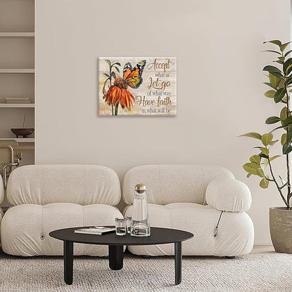 Farmhouse Butterfly Bathroom Pictures Wall Art, Rustic Floral Country Bathroom Wall Decor, Daisy Inspirational Framed Painting Canvas Artwork for Bedroom Living Room Decorations 20"L x 16"W