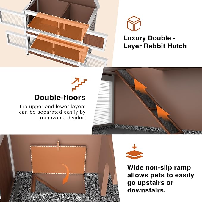 2 Story Rabbit Hutch, Indoor Outdoor Bunny Hutch Solid Wood Rabbit Cage with Removable Trays, Waterproof Asphalt Roofs and Ventilation Door, Small Animal House for Rabbit Guinea Pig Ferret, Walnut