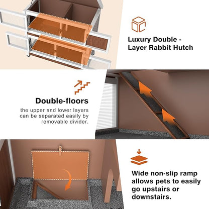 2 Story Rabbit Hutch, Indoor Outdoor Bunny Hutch Solid Wood Rabbit Cage with Removable Trays, Waterproof Asphalt Roofs and Ventilation Door, Small Animal House for Rabbit Guinea Pig Ferret, Walnut