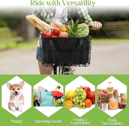 Aodaer Bike Basket with Removable Liner Bag Cargo Net Large Folding Bike Basket Quick Release Metal Ebike Basket Bicycle Storage Basket for Carrying Fruit & Grocery Pets Dogs