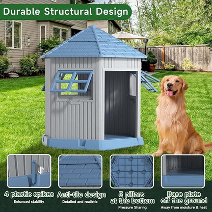 DRATO Dog House Indoor Outdoor Durable Large Dog Shelter with Outside Dog Kennel with Window and Elevated Floor for Small Medium Dogs (Blue, by)