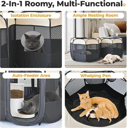 EighteenTek 2-in-1 Pop Up Cat Playpen, Assembly-Free Dog Puppy Pet Playpen, Indoor Outdoor Cats Enclosed, Cat Tent House Crate Cage, Portable & Foldable Playpen for Kittens(No Divider, Unified Space)