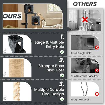 59in Large Cat Tree Tower for Indoor Cats with Soft Plush Hang Ball, Two Condos, Sisal Scratch Posts & Rope Play for Kittens/Adult Cats, New Dark Grey