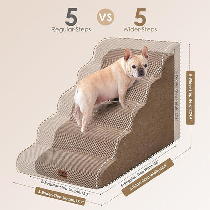EHEYCIGA Curved Dog Stairs Ramp for High Beds, 5-Step Extra Wide Dog Steps for Small Dogs and Cats, Pet Stairs for High Bed Climbing, Non-Slip Balanced Pet Step Indoor, Camel