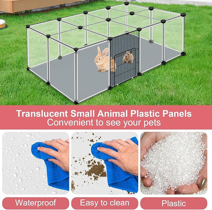 20 Panels Small Animals Playpen, 48" x 24" x 16" Transparent Pet Playpen with Waterproof Mat,Portable Plastic Enclosure Cage for Chicken/Guinea Pigs/Bunny/Ferrets/Hamsters/Hedgehogs Indoors Outdoor