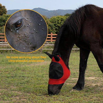 2 Piece Horse Fly Mask with Ears, Comfortable Fit Stretch Fabric Big Eye Space Soft Breathable with UV Protection for Full Horses (Red-Blue)