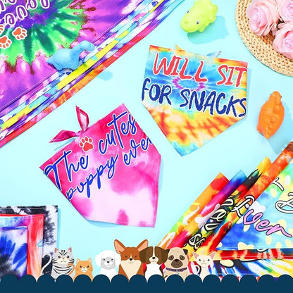 50 Pcs Tie Dye Dog Bandanas Bulk Pet Bibs Colorful Triangle Scarf Tie Dye with Sayings Pet Bandanas for Medium Large Dogs Spring Summer Birthday Costume Decor
