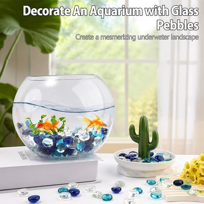 1LB Mixed Blue Glass Marbles, Transparent and Smooth Flat Glass Beads for Vases, Mosaic Gem Pebbles for Aquarium Decor, Floral Arrangements, Mancala Stones, Vase Filler and Crafts (Approx. 80-100 PCS)