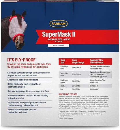 Farnam SuperMask II horse fly mask without ears, extended coverage, protects eyes from insects and debris, adjustable throat latch, Average Horse Size