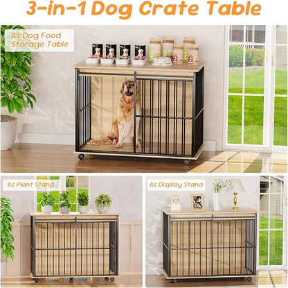 43.7" Dog Crate Furniture, XL Dog Crate Dog Kennel Indoor with Wheels for Large Medium Small Dogs, Wooden Dog Kennel End Table with Sliding Door Wooden Furniture Crates for Living Room, Bedroom