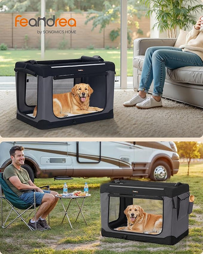 Feandrea Collapsible Dog Crate, 36-Inch Portable Dog Travel Crate for Large Dogs, Oxford Fabric Pet Carrier with 4 Mesh Doors, Handles, Storage Pocket, Water Bottle Holder, Ink Black UPDC019B01