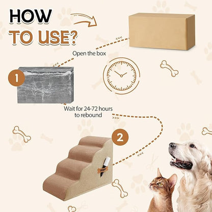 Dog Stairs, Romrol Dog Steps Ramp for High Bed and Couch, Dogs Ramp with Durable Non-Slip Waterproof Fabric Cover, Pet Stairs for Small Dogs and Cats or Pets Joints, 4-TiersLight Brown