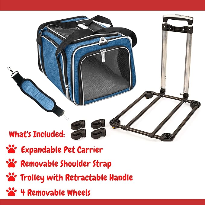 Airline Approved Expandable Premium Pet Carrier on Wheels- Two Sided Expandable Rolling Carrier- Designed for Dogs & Cats- Extra Spacious Soft Lined Carrier! (Blue)