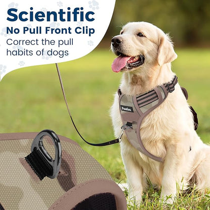 Funfox Dog Harness No Pull, Adjustable Pet Vest Harness, Super Soft Material with Vertical Handle Easy Control, Reflective Night Walking, 2 Leash Clips for Large Dogs, Camo Brown, L