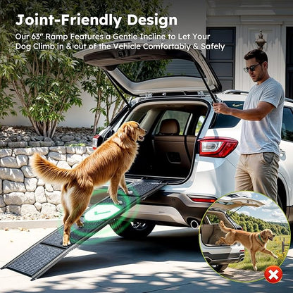 Dog Ramp for Car, 63" Folding Pet Ramp for Large Dogs up to 200 lb, 17" Wide Car Ramp for Dog, Portable Pet Stair Ramp with Nonslip Rug Surface, Outdoor Dog Ramp for Truck SUV High Bed Couch