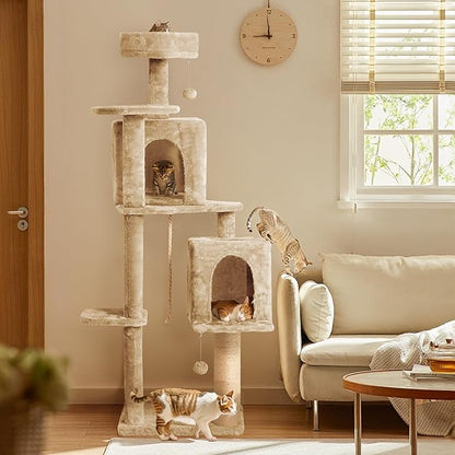 59in Large Cat Tree Tower for Indoor Cats with Soft Plush Hang Ball, Two Condos, Sisal Scratch Posts & Rope Play for Kittens/Adult Cats, New Beige