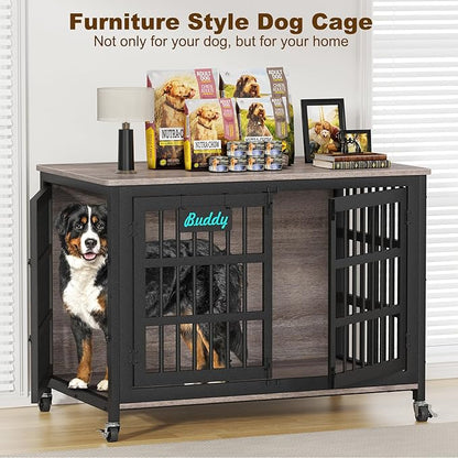 EasyCom 48"/42"/33" XXL Dog Crate Furniture with Casters, Heavy Duty Dog Kennel Indoor for Large Dogs, Escape-Proof and Chew-Proof Dog Cage for high Anxiety Dog, Decorate House as TV Stand, End Table