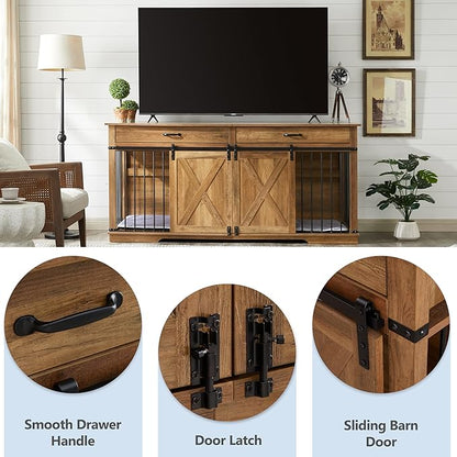 72.5" Extra Large Furniture Style Double Dog Crates for Large Breeds, XXL Wooden Dog Kennel Furniture with Drawers, Divider, Water Resistant & Barn Door for 2 Dogs, Rustic Oak