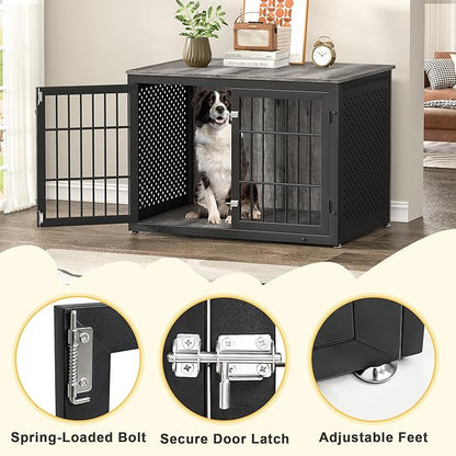 42" Heavy Duty Dog Crate Furniture for Large and Medium Dogs, Enclosed Design Wooden Metal Kennel, Wooden Cage Furniture Indoor, Decorative Dog Kennel End Table