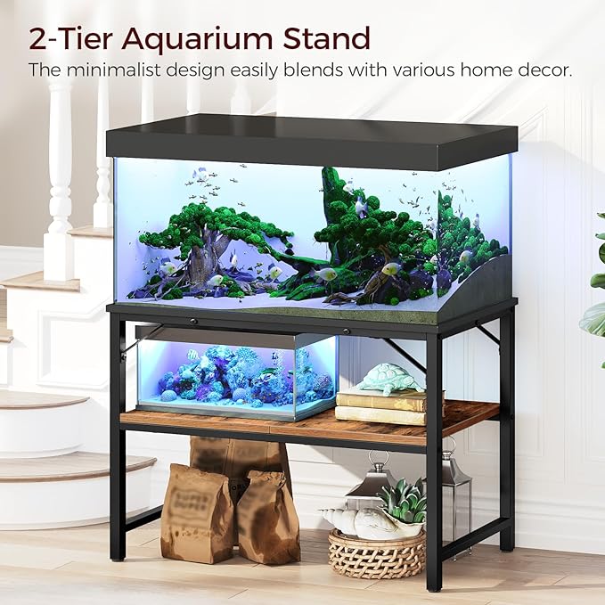 40-50 Gallon Fish Tank Stand, Aquarium Stand with 2-Tier Storage Shelves, Heavy Duty Breeder Turtle Terrarium Stand Rack for Home Office, 36.2" L x 18.9" W x 24.4" H, Rustic Brown FTHR4001