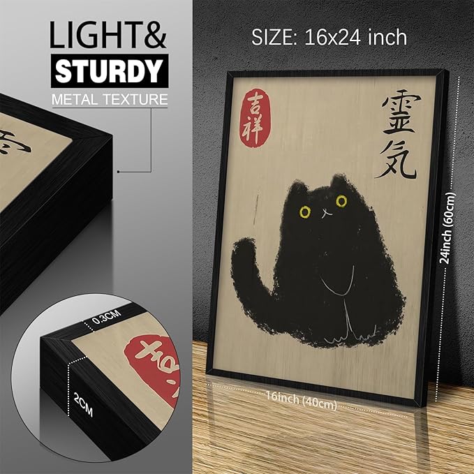 Japanese Black Cat Art Canvas, Japan Animal Poster, Cute Japandi Cat Painting, Funny Animal Picture Pet Lovers Gift for Living Room Bedroom 12x16in Framed