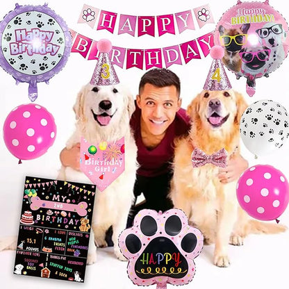 Dog Party Supplies Decorations - Cute Bandana, Let's Pawty Banner, Cake Topper, Hat, Pink Bowtie, Tutu Skirt, Paw Balloon for Birthday Celebration