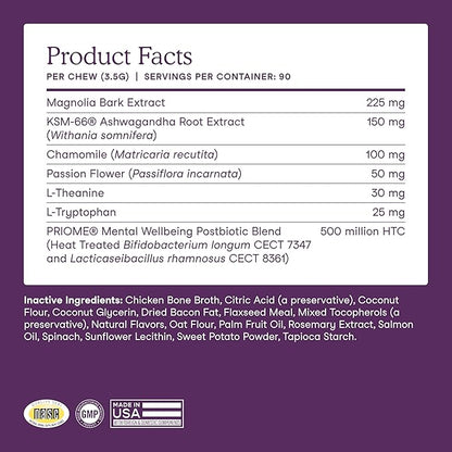 Fera Pets Dog Calming Chews with Ashwagandha & Priome® Mental Wellbeing Postbiotic Blend - Supports Anxiety Relief - Promotes Relaxation - 90 Soft Chews